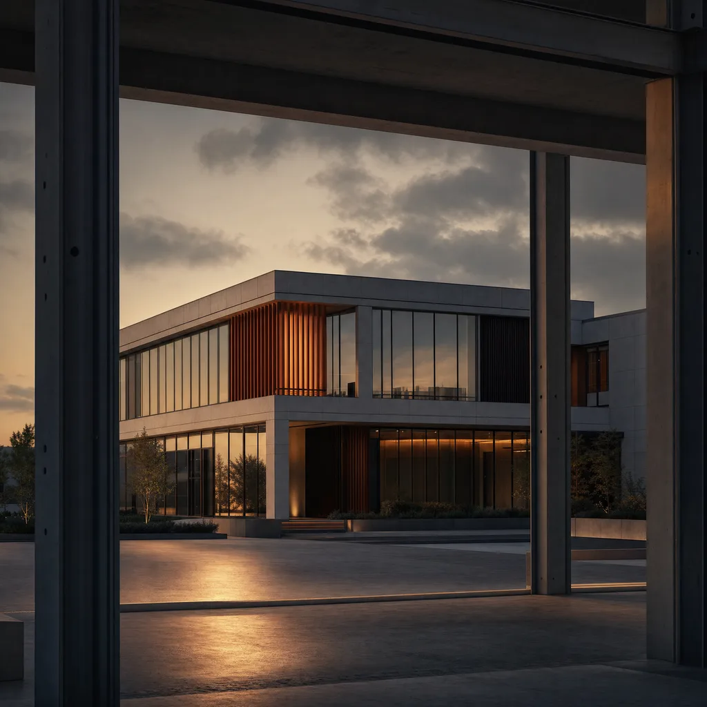 Conceptual modern commercial structure framed by dark structural columns at dusk with warm copper light